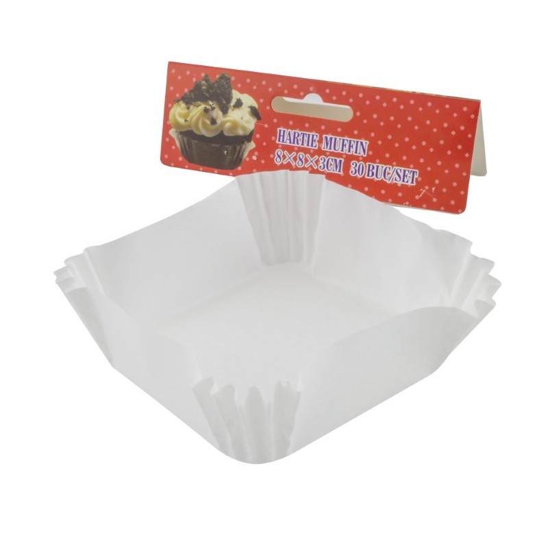 Комплект хартиени форми за мъфини, Квадратни, Бял цвят, 8x8x3 см, 30 бр