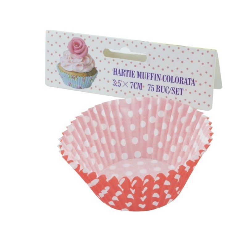 Muffin papírkészlet, Piros, fehér pöttyökkel, 3,5x7 cm, 75 db