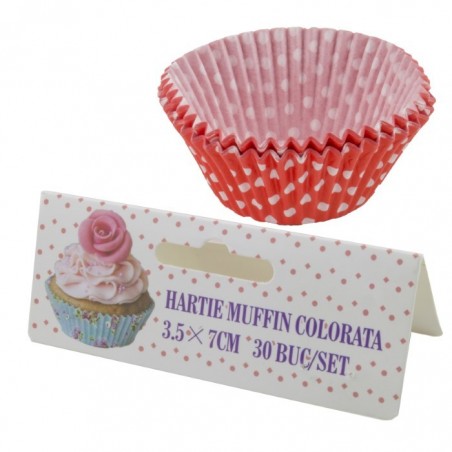 Muffin papírkészlet, Piros, fehér pöttyökkel, 3,5x7 cm, 30 db