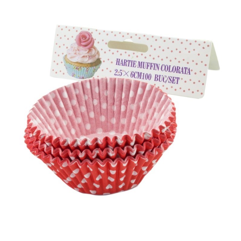 Muffin papírkészlet, Piros, fehér pöttyökkel, 2,5x6 cm, 100 db