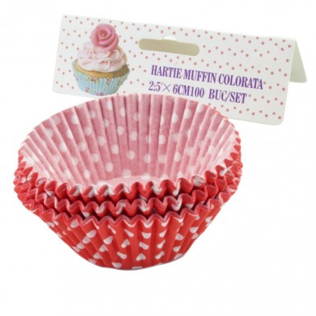 Muffin papírkészlet, Piros, fehér pöttyökkel, 2,5x6 cm, 100 db