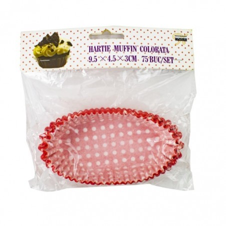 Muffin papírkészlet, Ovális, Piros fehér pöttyökkel, 9,5x4,5x3,9 cm, 75 db