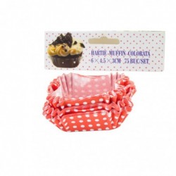 Muffin papírkészlet, Négyszögletű, Piros fehér pöttyökkel, 6x4,5x3 cm, 75 db