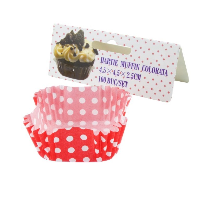 Muffin Papírkészlet Négyzet, Piros pöttyös, 4,5x4,5x2,5 cm, 100 db